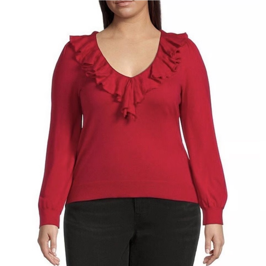 Lauren Ralph Lauren Ruffle V-Neck Sweater L Cotton Modal Puff Sleeve Canada Day
